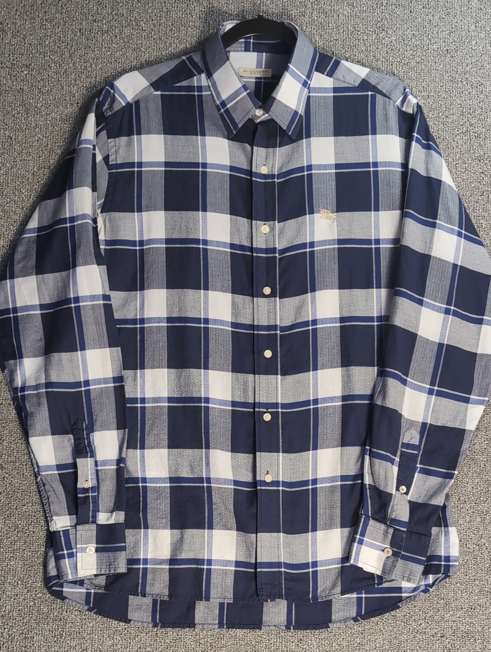 Burberry Brit Large Check Herringbone Button-Up Shirt Size Large Blue/Gray/White